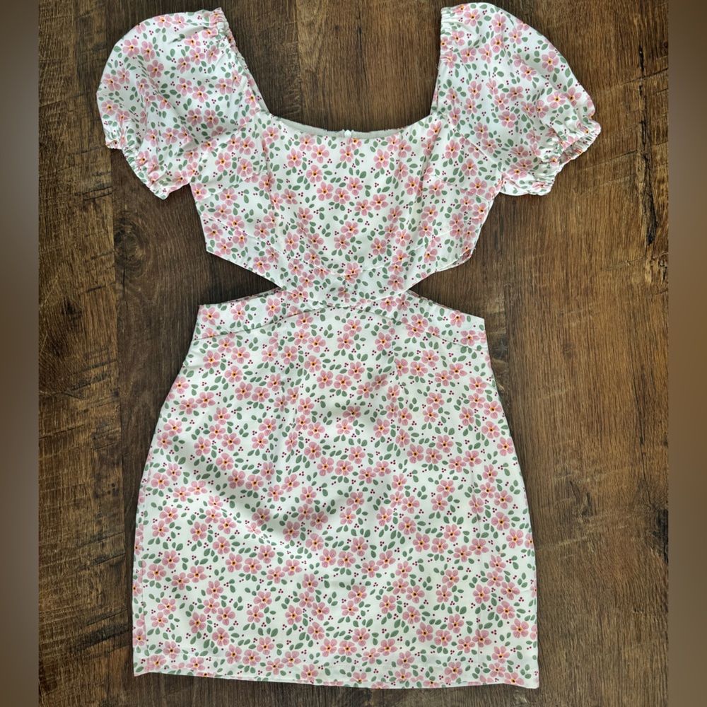 Boutique floral pink and white cutout mini dress